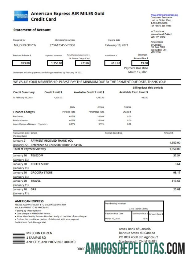 Canada American Express Air Miles Gold Credit Card Excel Pdf amostra